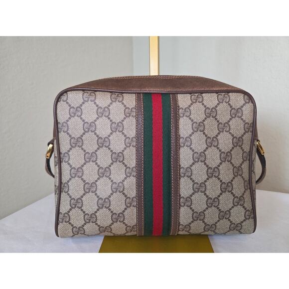 Gucci Vintage GG Canvas Web Crossbody Bag Brown Leather Camera Bag Ophidia - Picture 3 of 15